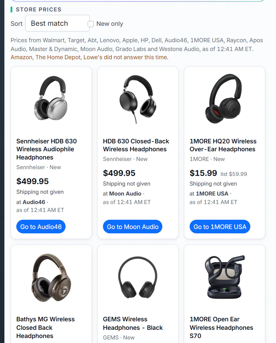 Store prices for the search wireless headphones: a Sort menu and a New only checkbox, a line naming the stores the prices come from, and a grid of product cards each showing a picture, a title, a price, the store and a Go to button